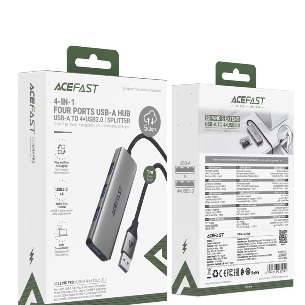 USB хъб Acefast J17, 4в1, Сив