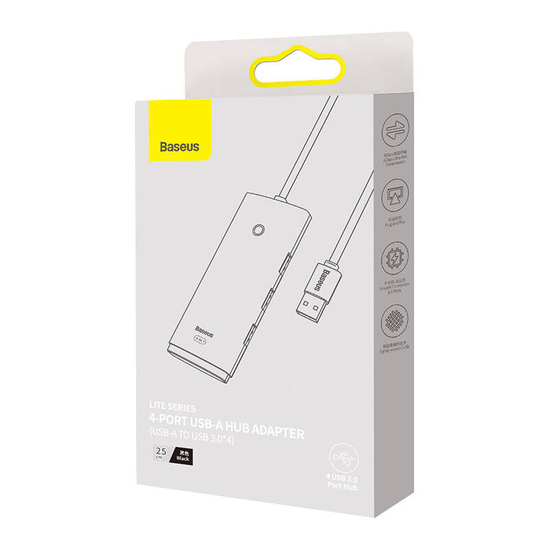 Baseus Lite USB концентратор, 4 x USB-A 3.0 - 1 x USB-C, 0,25 м, черен WKQXX030001 