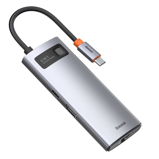 USB-C хъб Baseus Metal Gleam, 3 x USB-A 3.0 - 1 x USB-C - 1 x HDMI - 1 x RJ45, Сив CAHUB-CW0G
