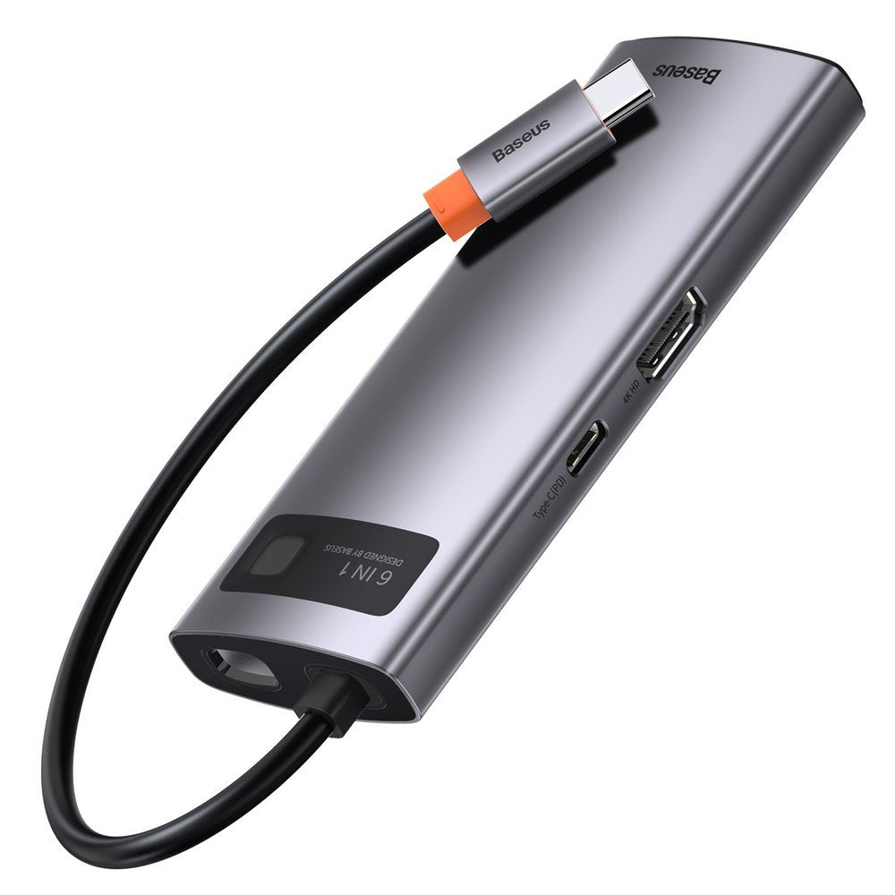 USB-C хъб Baseus Metal Gleam, 3 x USB-A 3.0 - 1 x USB-C - 1 x HDMI - 1 x RJ45, Сив CAHUB-CW0G