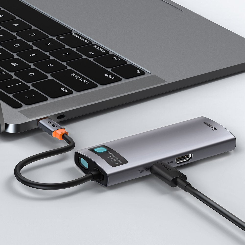 USB-C хъб Baseus Metal Gleam, 3 x USB-A 3.0 - 1 x USB-C - 1 x HDMI - 1 x RJ45, Сив CAHUB-CW0G