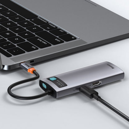 USB-C хъб Baseus Metal Gleam, 3 x USB-A 3.0 - 1 x USB-C - 1 x HDMI - 1 x RJ45, Сив CAHUB-CW0G