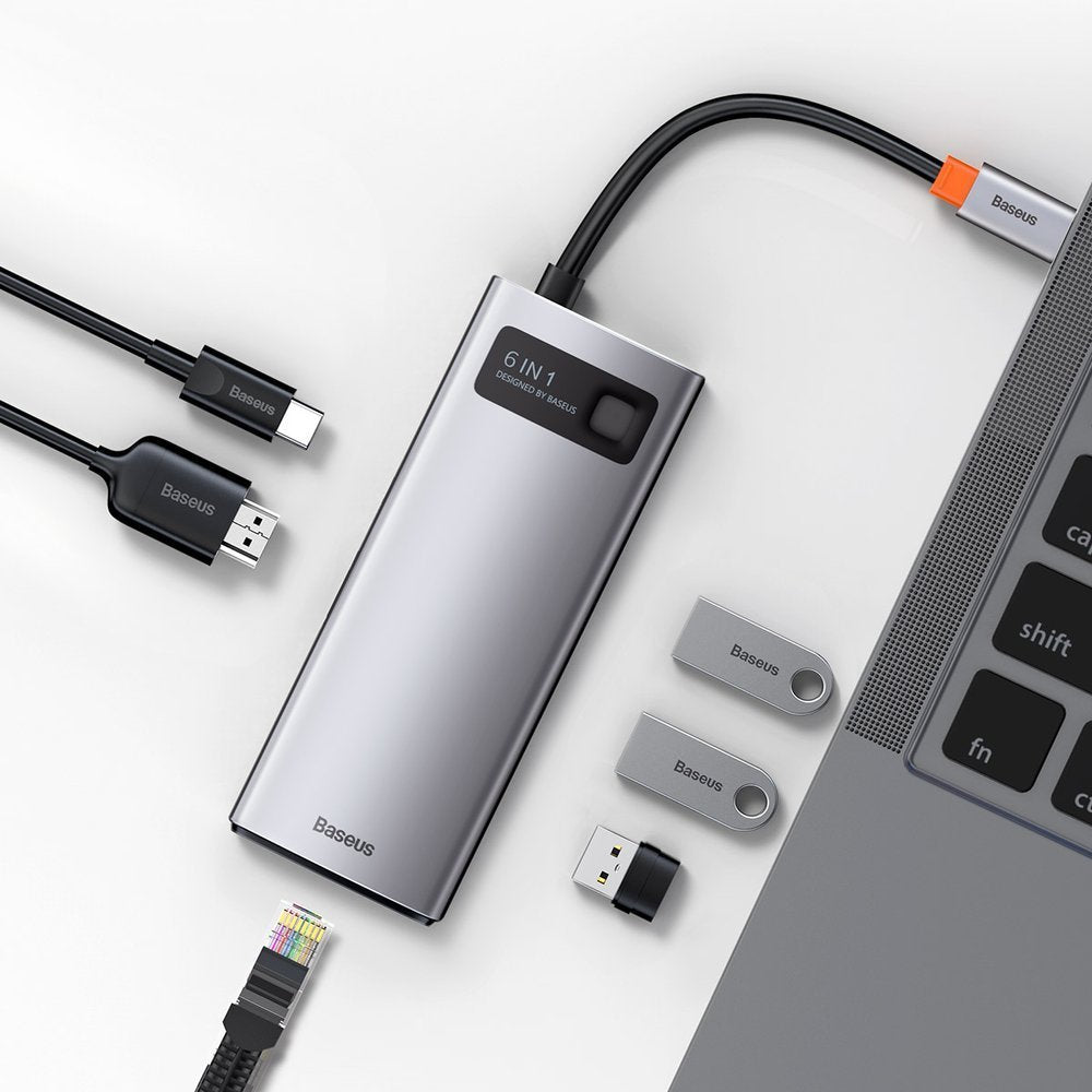 USB-C хъб Baseus Metal Gleam, 3 x USB-A 3.0 - 1 x USB-C - 1 x HDMI - 1 x RJ45, Сив CAHUB-CW0G