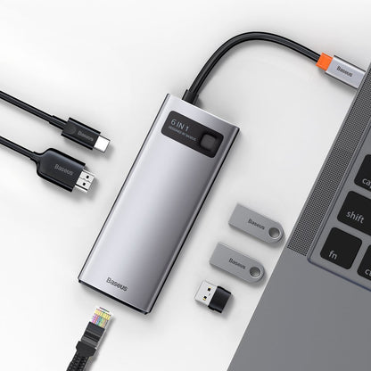 USB-C хъб Baseus Metal Gleam, 3 x USB-A 3.0 - 1 x USB-C - 1 x HDMI - 1 x RJ45, Сив CAHUB-CW0G