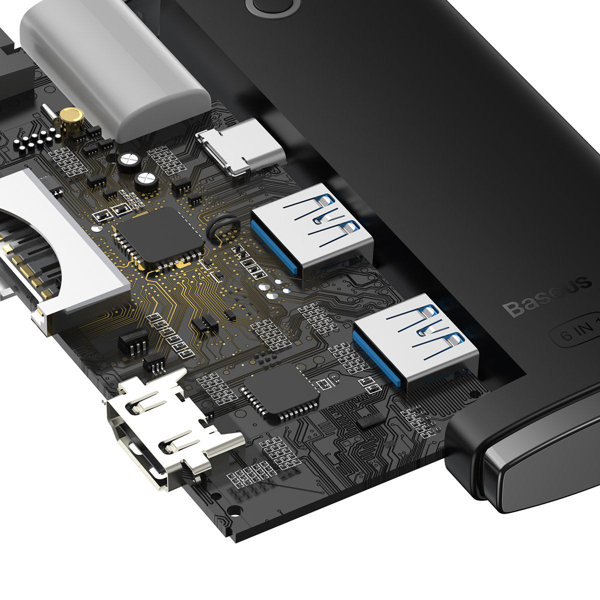 Hub USB-C Baseus, 2 x USB-A 3.0 - 1 x USB-C - 1 x HDMI - 1 x SD - 1 x microSD, Черен WKQX050001