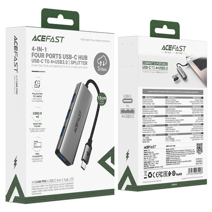 Hub USB-C Acefast J15, 4в1, Сив
