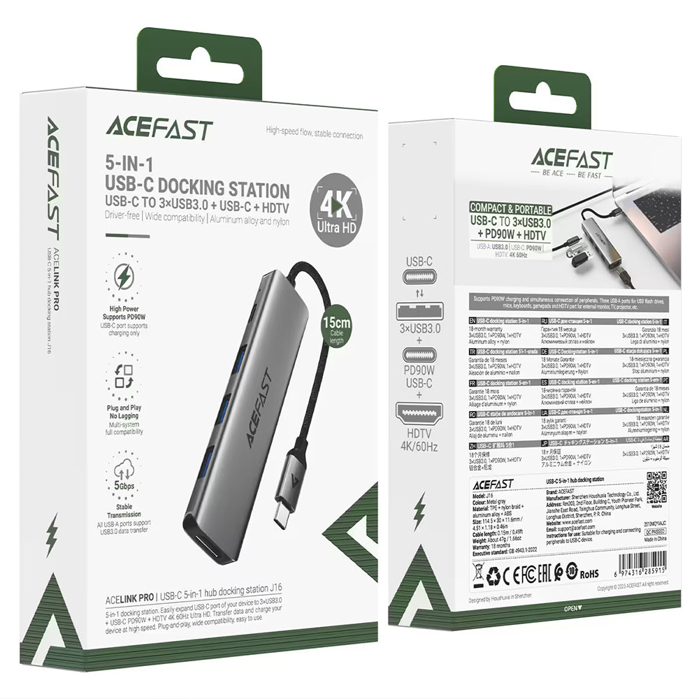 Acefast J16 USB-C Hub, 5-in-1, Gray