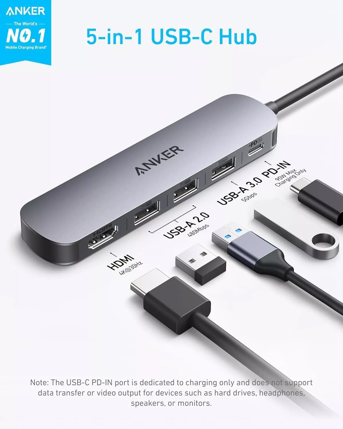 Hub USB-C Anker, 2 x USB-A - 1 x USB-A 3.0 - 1 x USB-C - 1 x HDMI, Сив A8357HA0