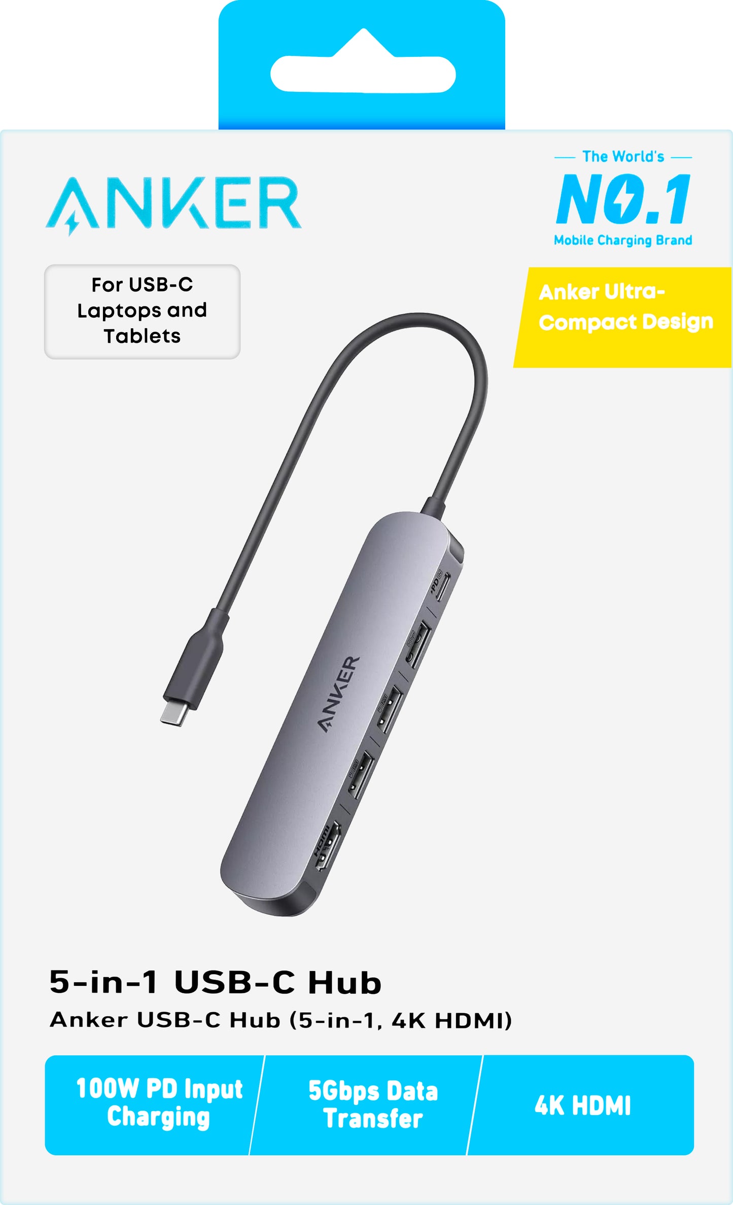 Hub USB-C Anker, 2 x USB-A - 1 x USB-A 3.0 - 1 x USB-C - 1 x HDMI, Сив A8357HA0