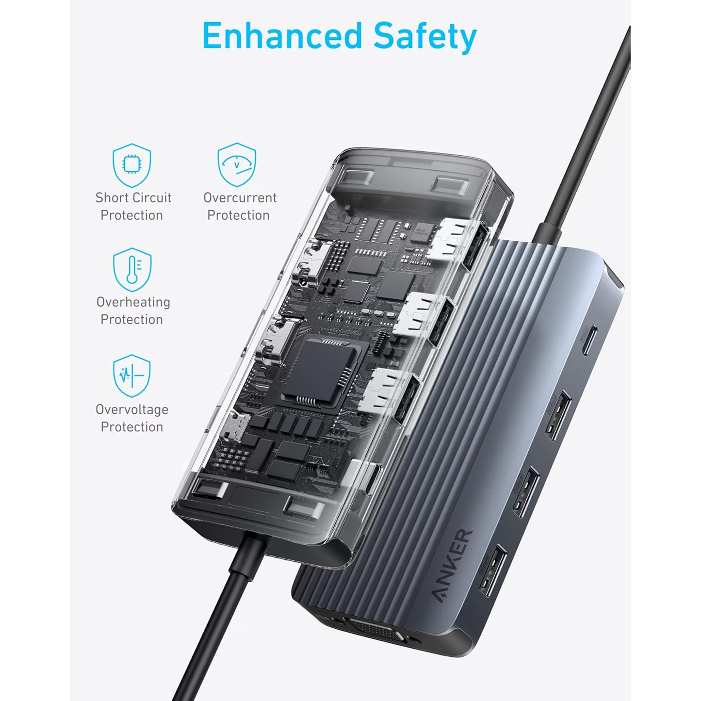 Hub USB-C Anker, 3 x USB-A 3.0 - 2 x USB-C - 2 x HDMI - 1 x VGA, Сив A83790A2