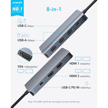 Hub USB-C Anker, 3 x USB-A 3.0 - 2 x USB-C - 2 x HDMI - 1 x VGA, Сив A83790A2