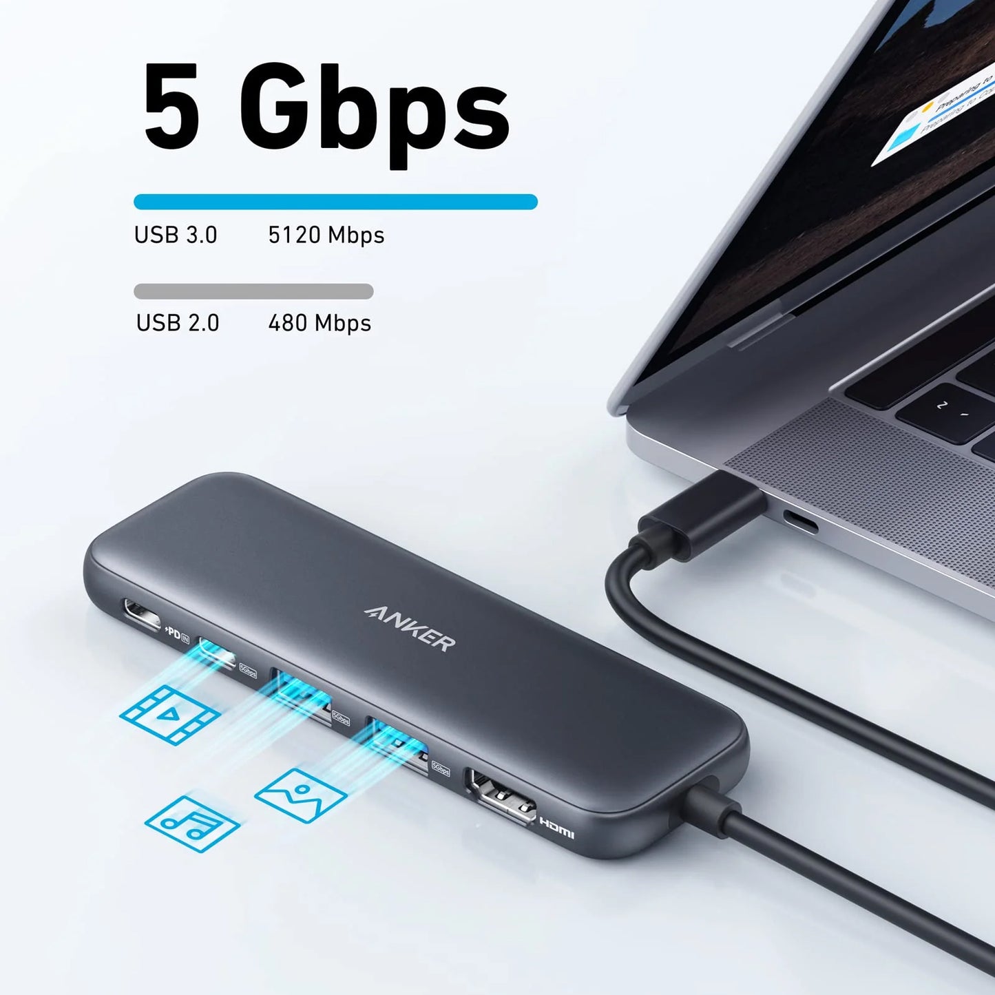 Hub USB-C Anker 332, 2 x USB-A - 2 x USB-C - 1 x HDMI, Сив A8355H11