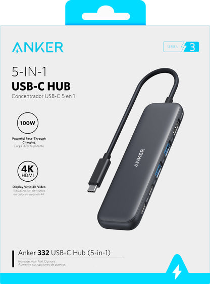 Hub USB-C Anker 332, 2 x USB-A - 2 x USB-C - 1 x HDMI, Сив A8355H11