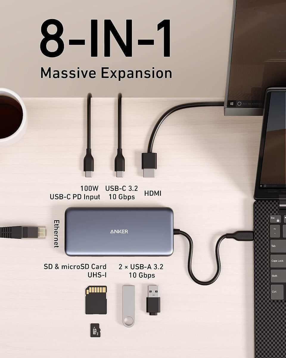 Hub USB-C Anker 555, 2 x USB-A 3.2 - 2 x USB-C - 1 x HDMI - 1 x RJ45 - 1 x SD - 1 x microSD, Сив A83830A2