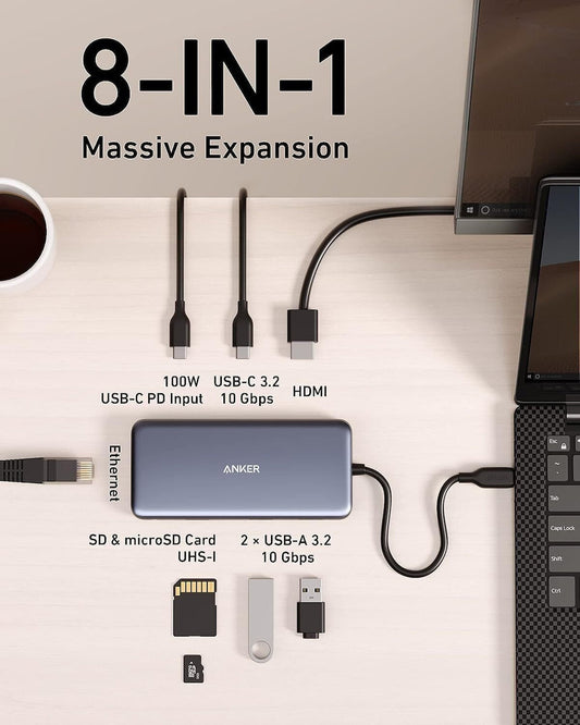 Hub USB-C Anker 555, 2 x USB-A 3.2 - 2 x USB-C - 1 x HDMI - 1 x RJ45 - 1 x SD - 1 x microSD, Сив A83830A2