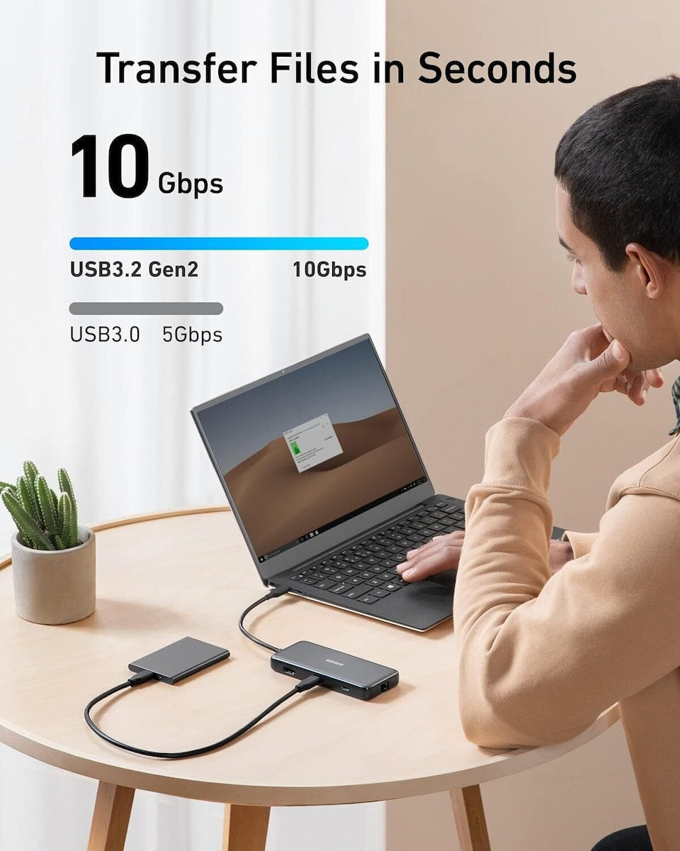 Hub USB-C Anker 555, 2 x USB-A 3.2 - 2 x USB-C - 1 x HDMI - 1 x RJ45 - 1 x SD - 1 x microSD, Сив A83830A2