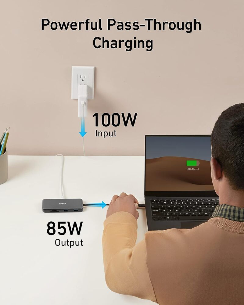 Hub USB-C Anker 555, 2 x USB-A 3.2 - 2 x USB-C - 1 x HDMI - 1 x RJ45 - 1 x SD - 1 x microSD, Сив A83830A2