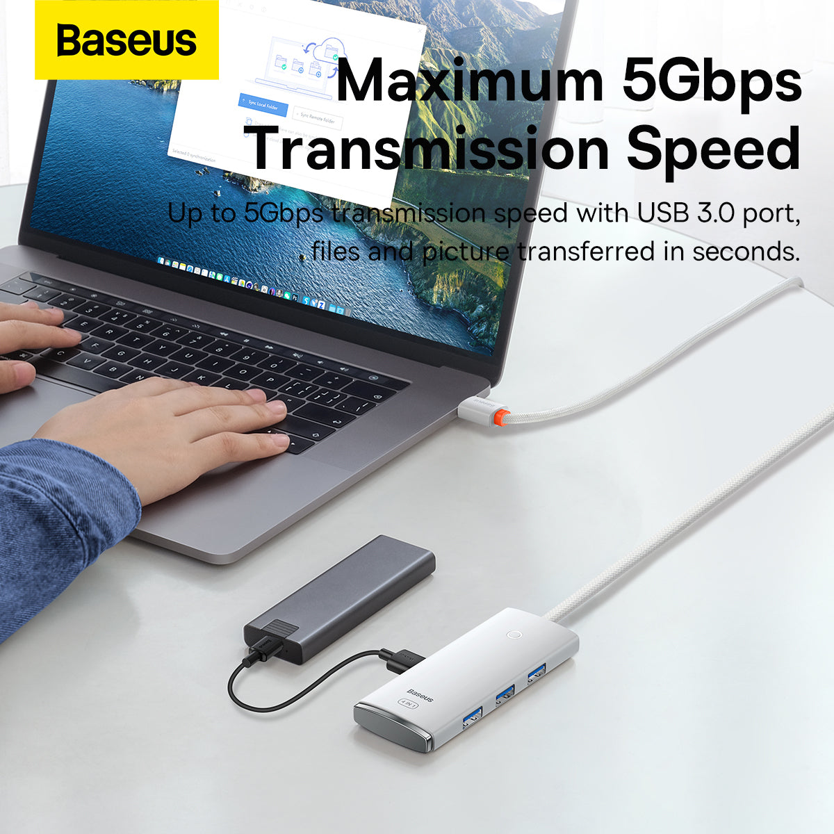 USB-C хъб Baseus Lite, 4 x USB-A 3.2, 2m, бял