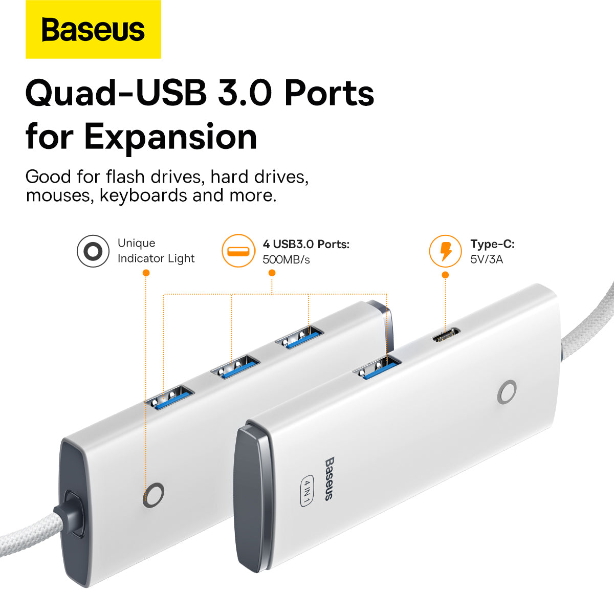 USB-C хъб Baseus Lite, 4 x USB-A 3.2, 2m, бял