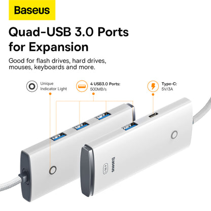 USB-C хъб Baseus Lite, 4 x USB-A 3.2, 2m, бял