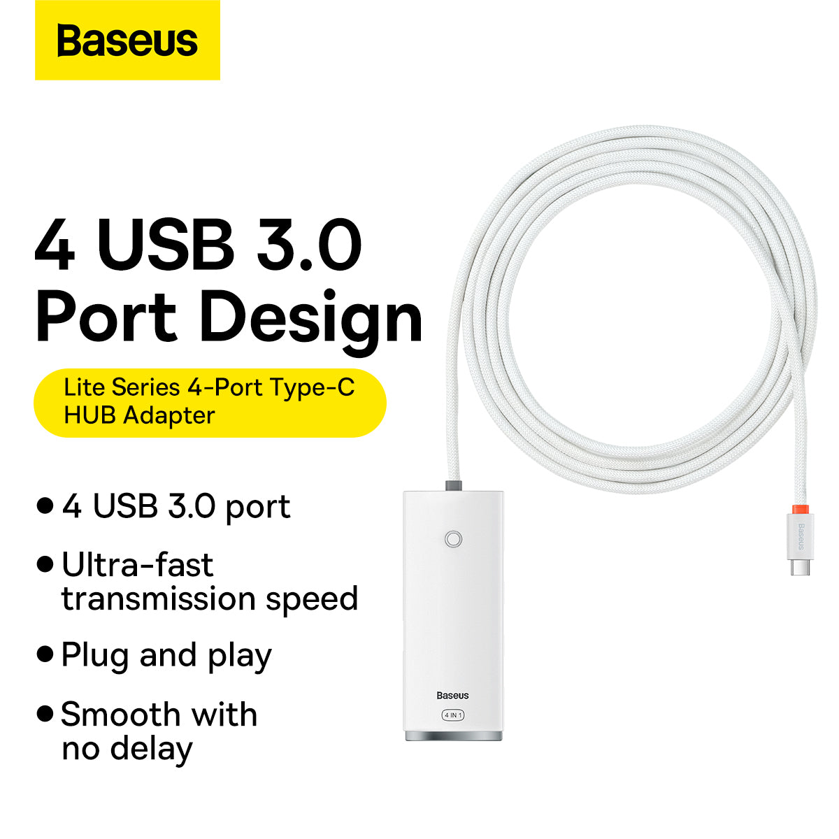USB-C хъб Baseus Lite, 4 x USB-A 3.2, 2m, бял
