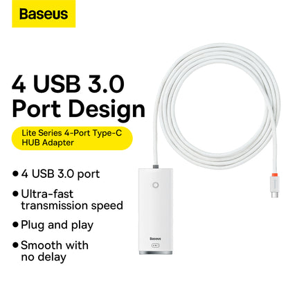 USB-C хъб Baseus Lite, 4 x USB-A 3.2, 2m, бял