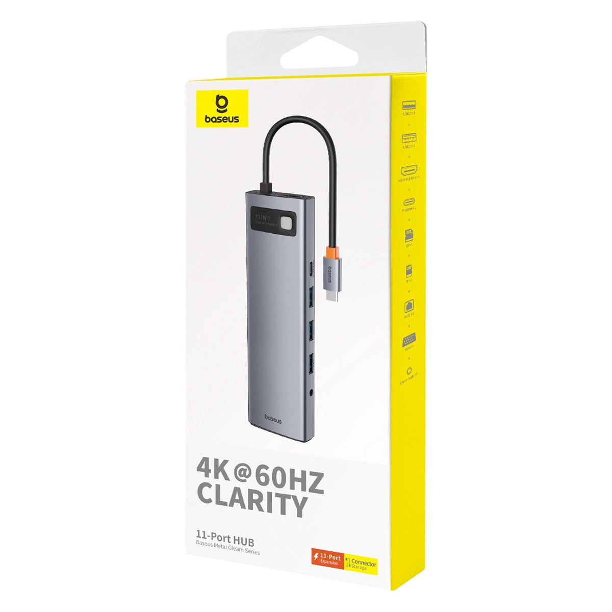 USB-C хъб Baseus Metal Gleam, 1 x USB-C - 3 x USB-A 3.0 - 1 x USB-A 3.0 - 1 x USB-A - 1 x HDMI - 1 x VGA - 1 x 3,5 мм жак - 1 x RJ45 - 1 x SD - 1 x microSD, сив