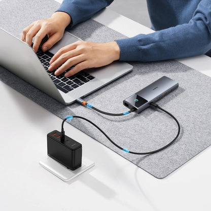 USB-C хъб Baseus Metal Gleam II, 2 x USB-C - 3 x USB-A - 1 x HDMI - 1 x 3,5 мм жак - 1 x RJ45 - 1 x SD - 1 x microSD, сив