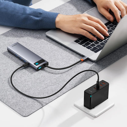 USB-C хъб Baseus Metal Gleam, 1 x USB-C - 3 x USB-A 3.0 - 1 x USB-A 3.0 - 1 x USB-A - 1 x HDMI - 1 x VGA - 1 x 3,5 мм жак - 1 x RJ45 - 1 x SD - 1 x microSD, сив