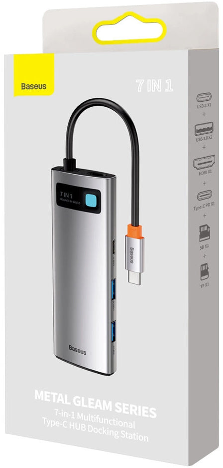 Hub USB-C Baseus Metal Gleam, 2 x USB-A 3.0 - 2 x USB-C - 1 x HDMI - 1 x SD - 1 x microSD, Сив WKWG020113