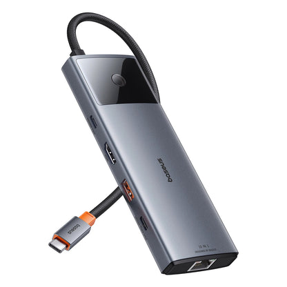 USB-C хъб Baseus Metal Gleam II, 2 x USB-C - 3 x USB-A - 1 x HDMI - 1 x 3,5 мм жак - 1 x RJ45 - 1 x SD - 1 x microSD, сив