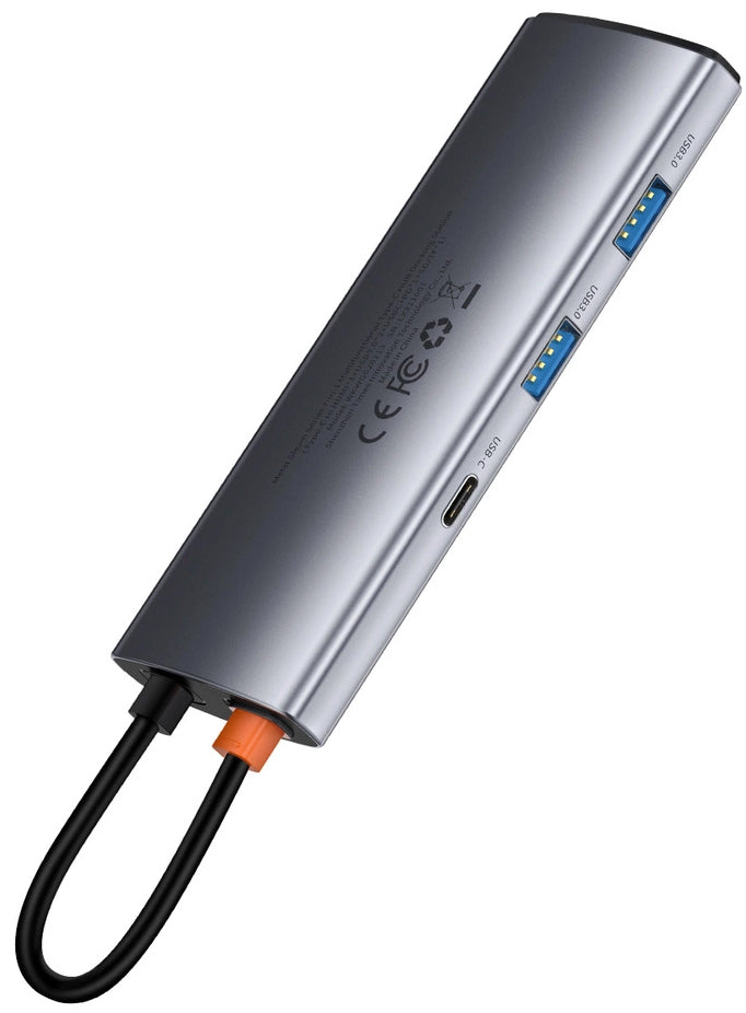 Hub USB-C Baseus Metal Gleam, 2 x USB-A 3.0 - 2 x USB-C - 1 x HDMI - 1 x SD - 1 x microSD, Сив WKWG020113