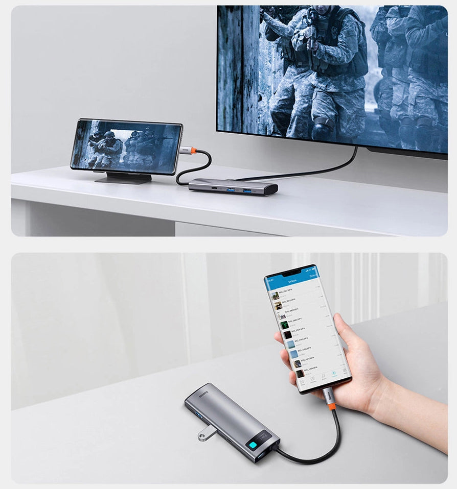 Hub USB-C Baseus Metal Gleam, 2 x USB-A 3.0 - 2 x USB-C - 1 x HDMI - 1 x SD - 1 x microSD, Сив WKWG020113