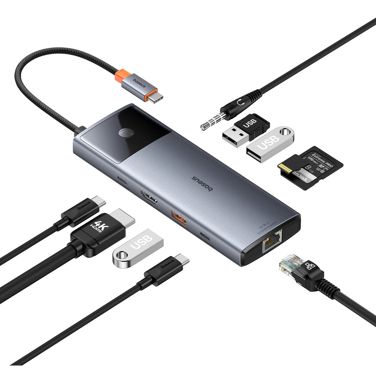 USB-C хъб Baseus Metal Gleam II, 2 x USB-C - 3 x USB-A - 1 x HDMI - 1 x 3,5 мм жак - 1 x RJ45 - 1 x SD - 1 x microSD, сив