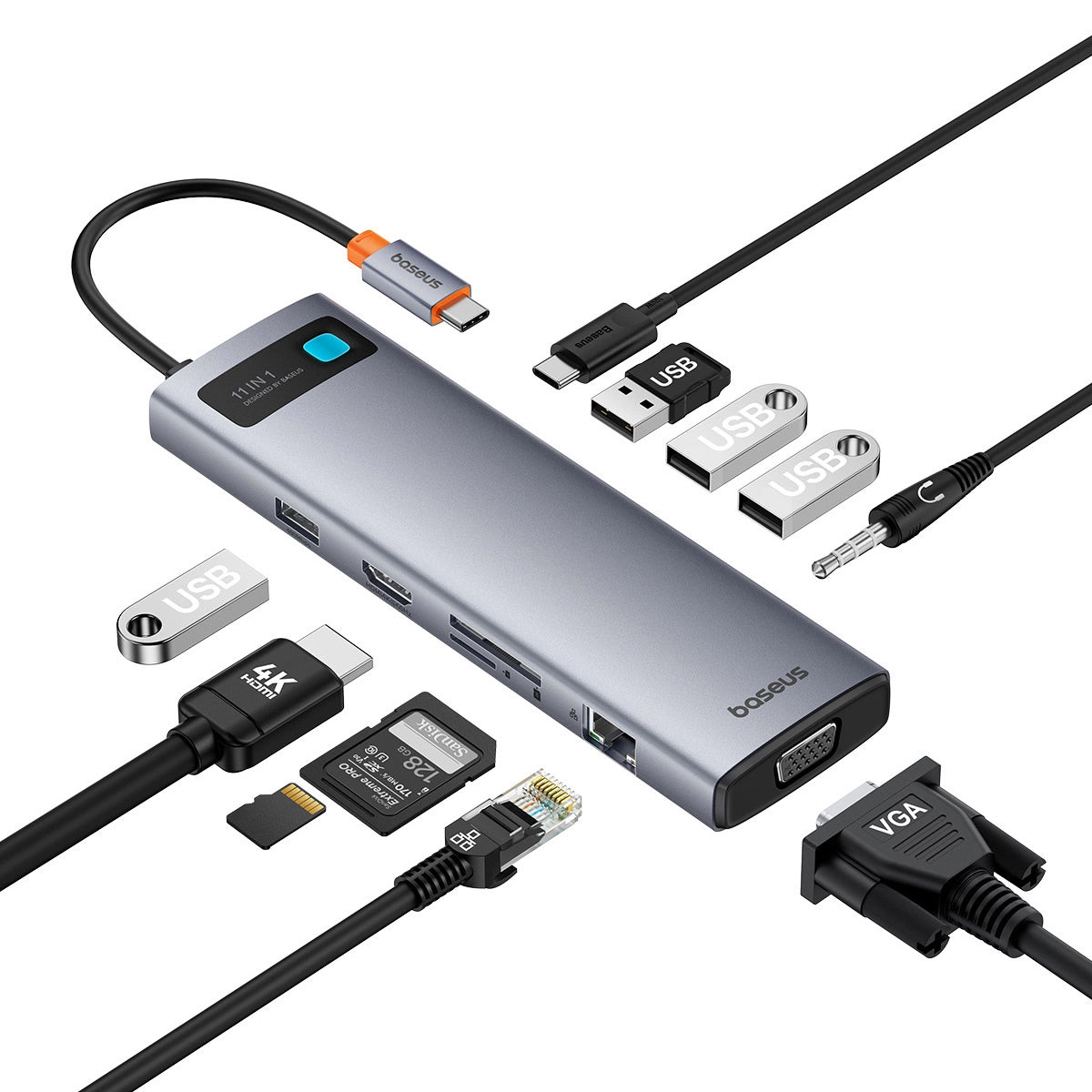 USB-C хъб Baseus Metal Gleam, 1 x USB-C - 3 x USB-A 3.0 - 1 x USB-A 3.0 - 1 x USB-A - 1 x HDMI - 1 x VGA - 1 x 3,5 мм жак - 1 x RJ45 - 1 x SD - 1 x microSD, сив