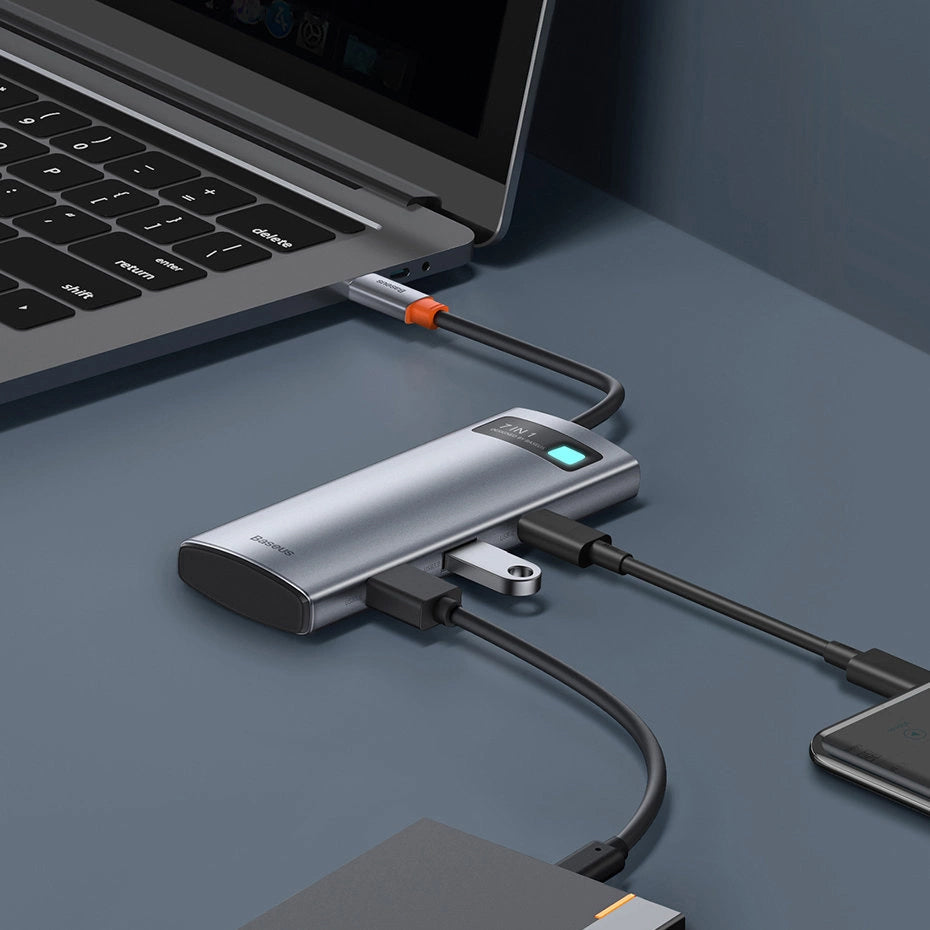 Hub USB-C Baseus Metal Gleam, 2 x USB-A 3.0 - 2 x USB-C - 1 x HDMI - 1 x SD - 1 x microSD, Сив WKWG020113