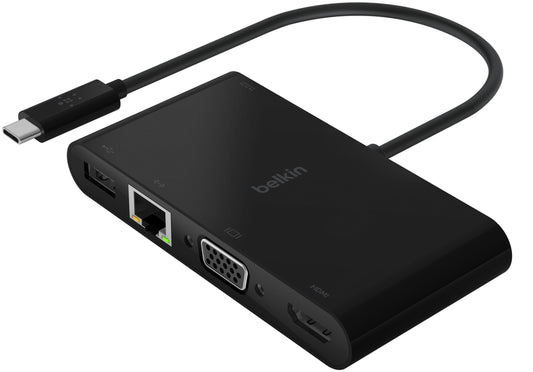 USB-C хъб Belkin Connect, 1 x USB-A 3.0 - 1 x USB-C - 1 x HDMI - 1 x VGA - 1 x RJ45, Черен AVC004btBK