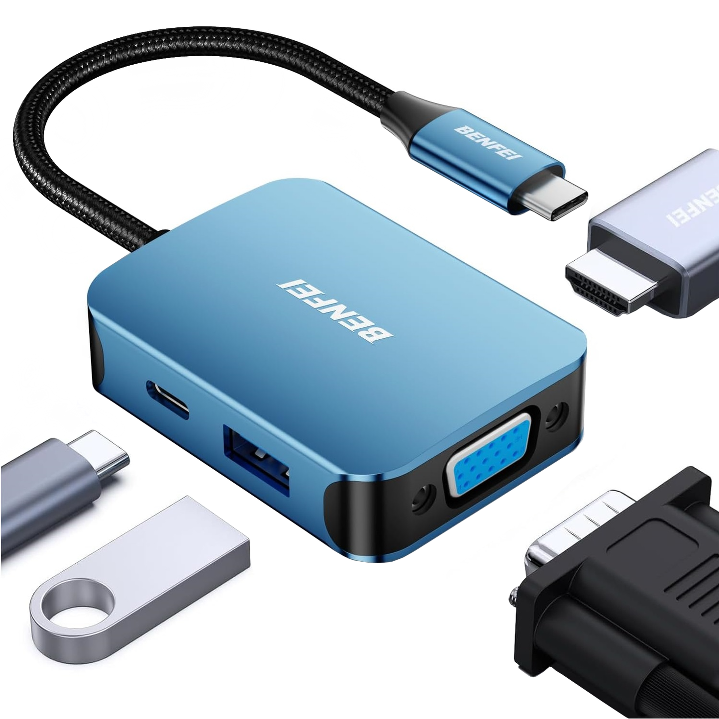 USB-C хъб Benfei, 1 x USB-A 3.0 - 1 x USB-C - 1 x HDMI - 1 x VGA, Син