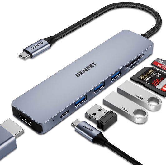USB-C хъб Benfei, 3 x USB-A 3.0 - 1 x USB-C - 1 x HDMI - 1 x SD - 1 x microSD, Сив