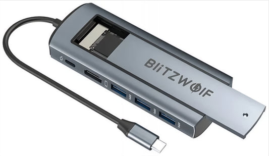 Hub USB-C BlitzWolf BW-Neo TH13, 3 x USB-A 3.0 - 1 x USB-C - 1 x Display Port - 1 x Интерфейс SSD, Сив