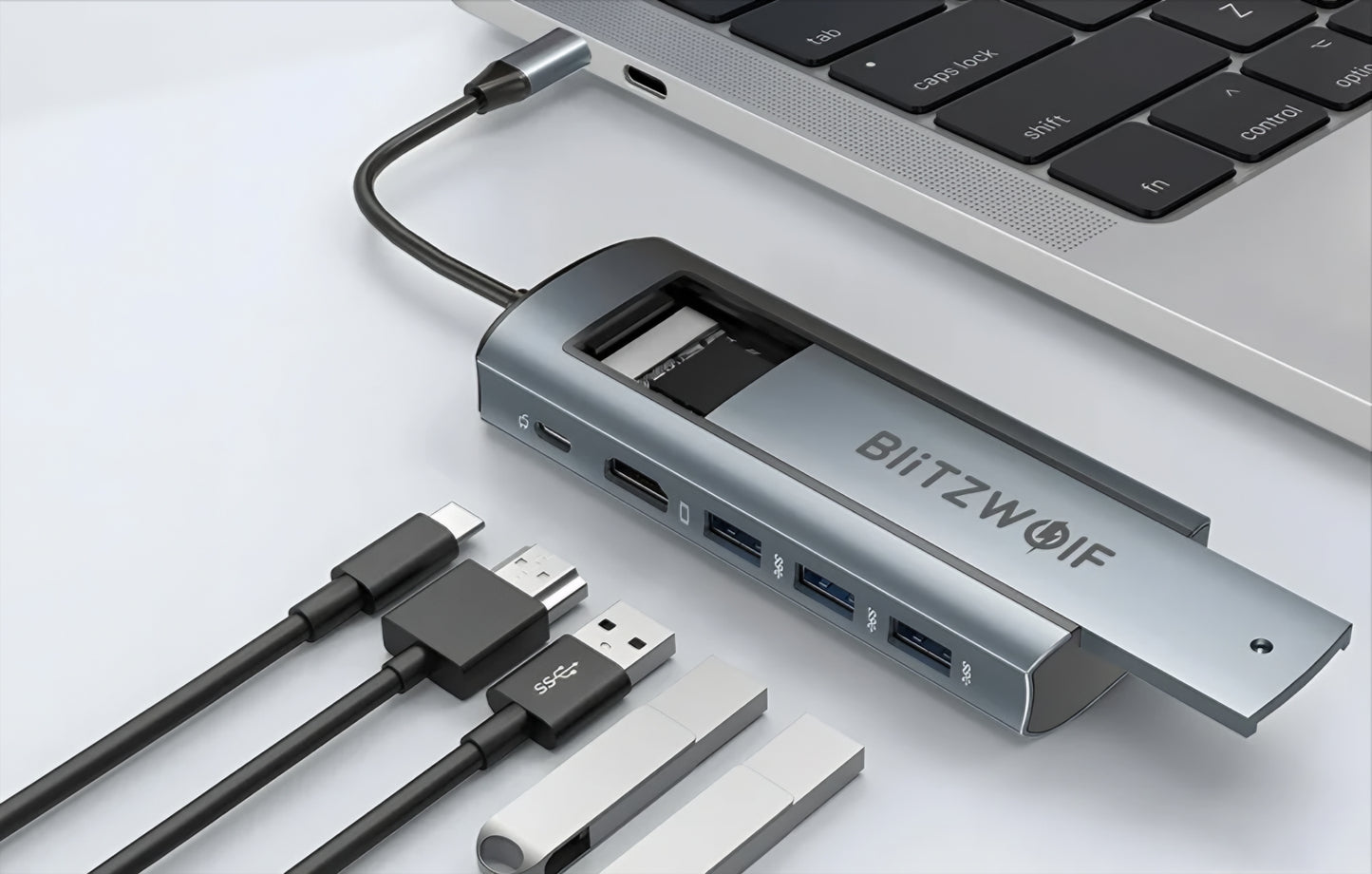 Hub USB-C BlitzWolf BW-Neo TH13, 3 x USB-A 3.0 - 1 x USB-C - 1 x Display Port - 1 x Интерфейс SSD, Сив