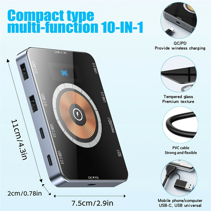 USB-C хъб с безжично зареждане QI OEM YC7209, 10в1, сив