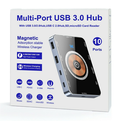 USB-C хъб с безжично зареждане QI OEM YC7209, 10в1, сив