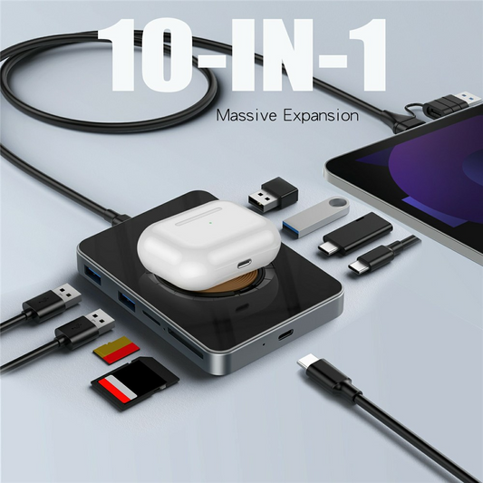 USB-C хъб с безжично зареждане QI OEM YC7209, 10в1, сив