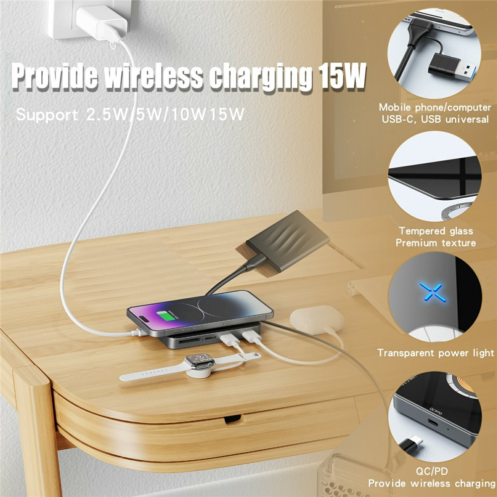 USB-C хъб с безжично зареждане QI OEM YC7209, 10в1, сив