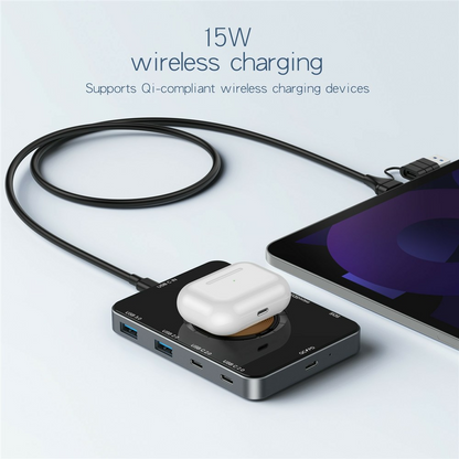 USB-C хъб с безжично зареждане QI OEM YC7209, 10в1, сив