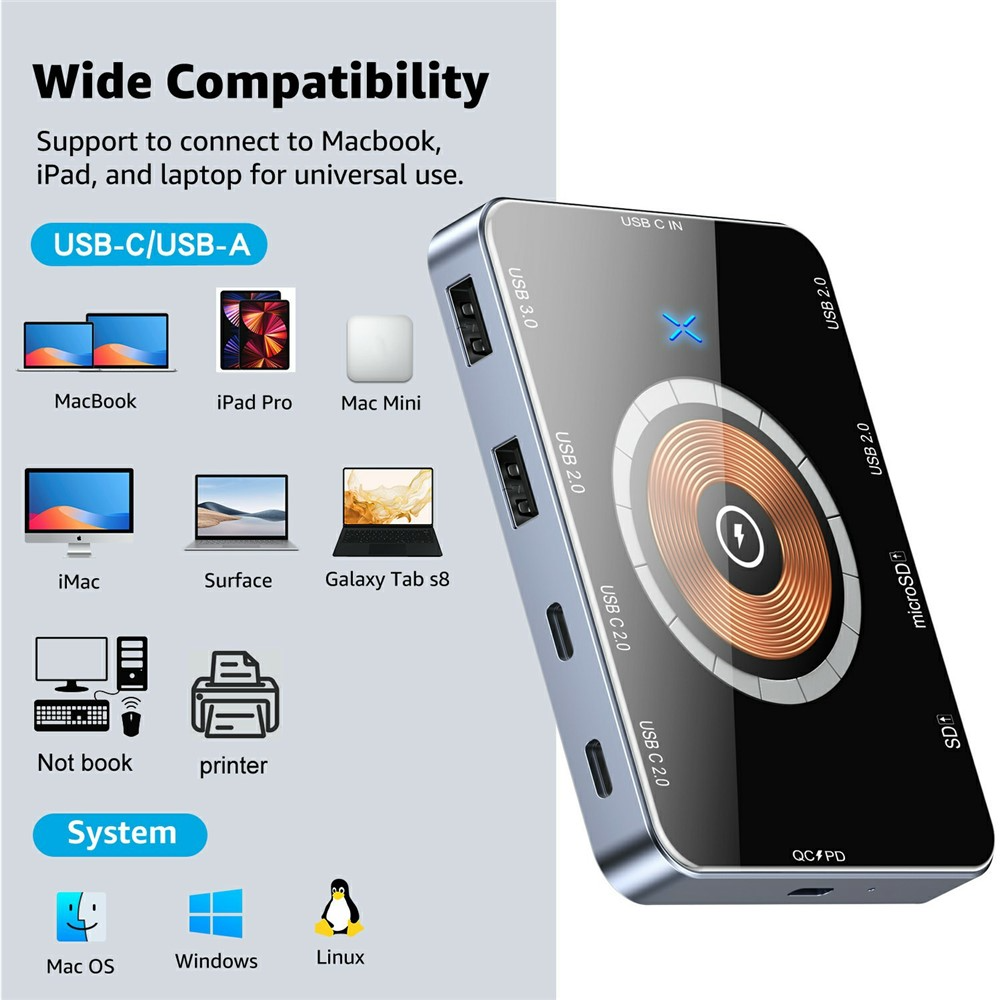 USB-C хъб с безжично зареждане QI OEM YC7209, 10в1, сив