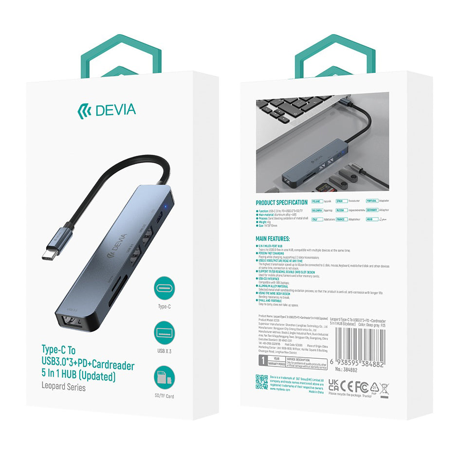 DEVIA EC135 USB-C хъб, 3 x USB-A 3.0 - 1 x USB-C - 1 x SD - 1 x microSD, сив