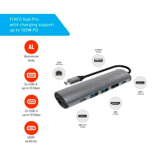 Hub USB-C Fixed Pro, 6в1, Сив