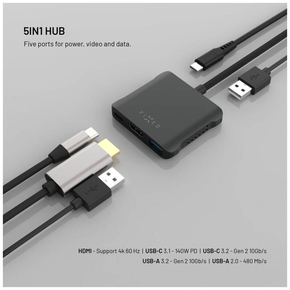 Hub USB-C Fixed Quadri, 5в1, Черен
